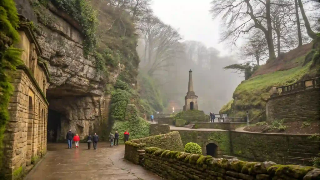 Mother Shipton's Cave entrance with historic stone walls